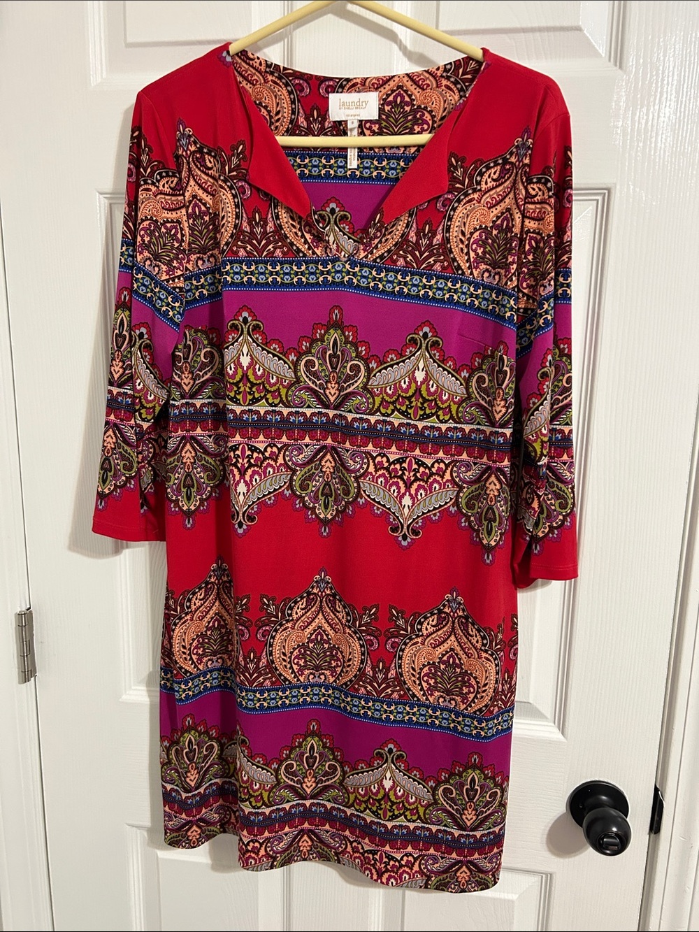 Laundry By Shelli Segal Red & Purple Paisley V-Neck Long Sleeve Dress
